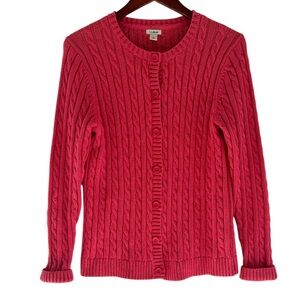 LL Bean Cardigan Sweater Womens Large 100% Cotton Cable Knit Button Long Sleeve